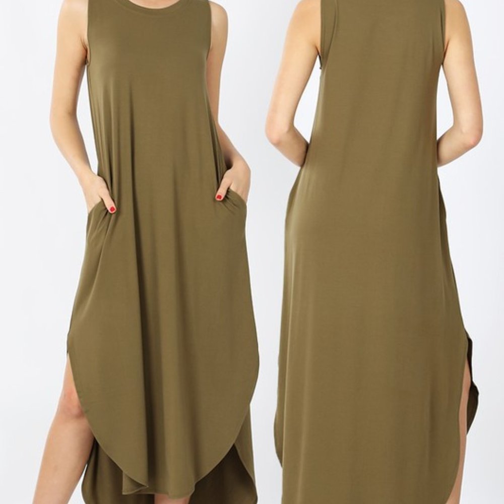 SLEEVELESS SIDE SLIT MAXI DRESS WITH POCKETS